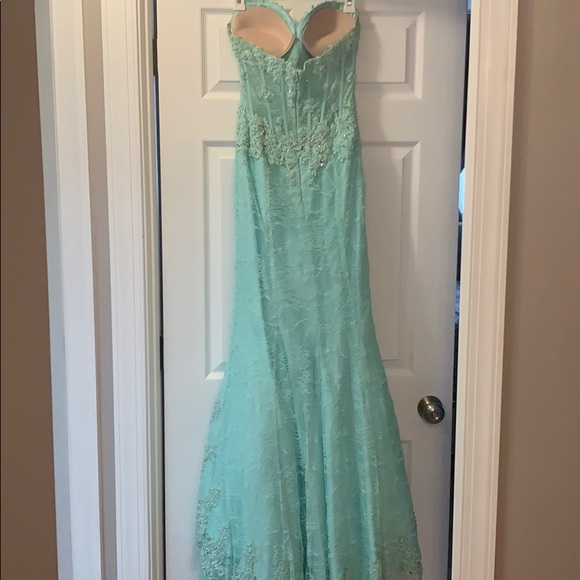 Mint Lace Strapless Prom Dress - Picture 5 of 5